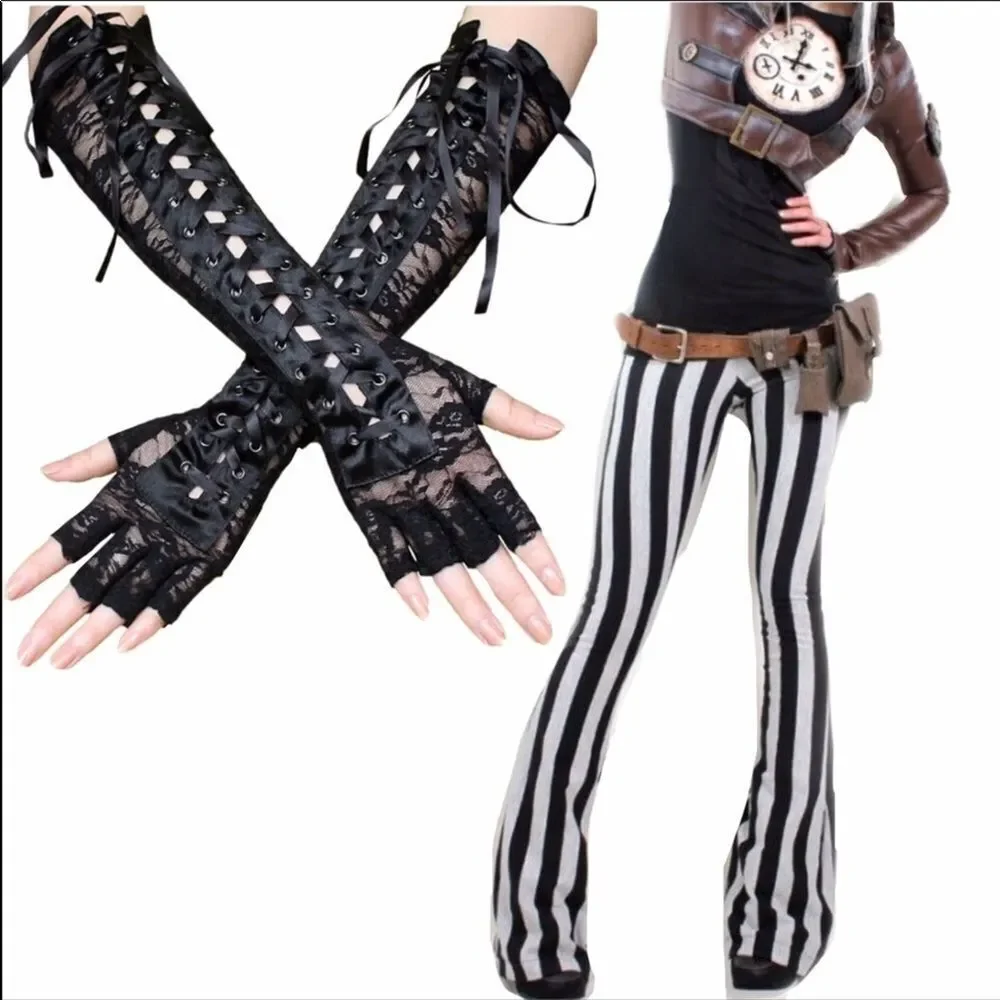 Long Black Lace Up Fingerless Gloves - NEW